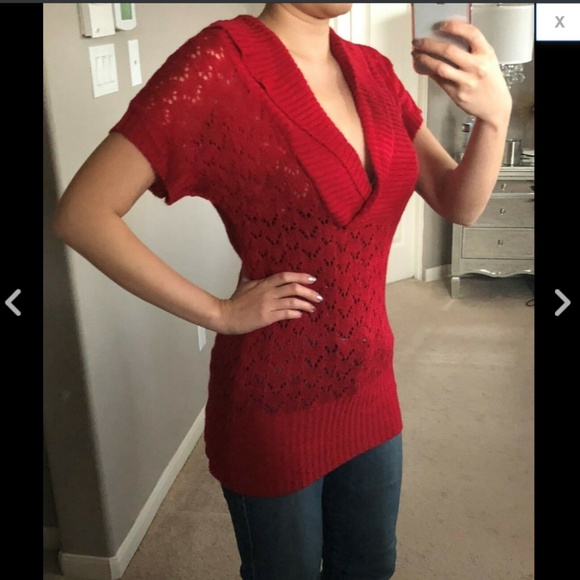 V-Neck Pointelle Wrap Shawl Collar Sweater Tunic - Picture 2 of 3